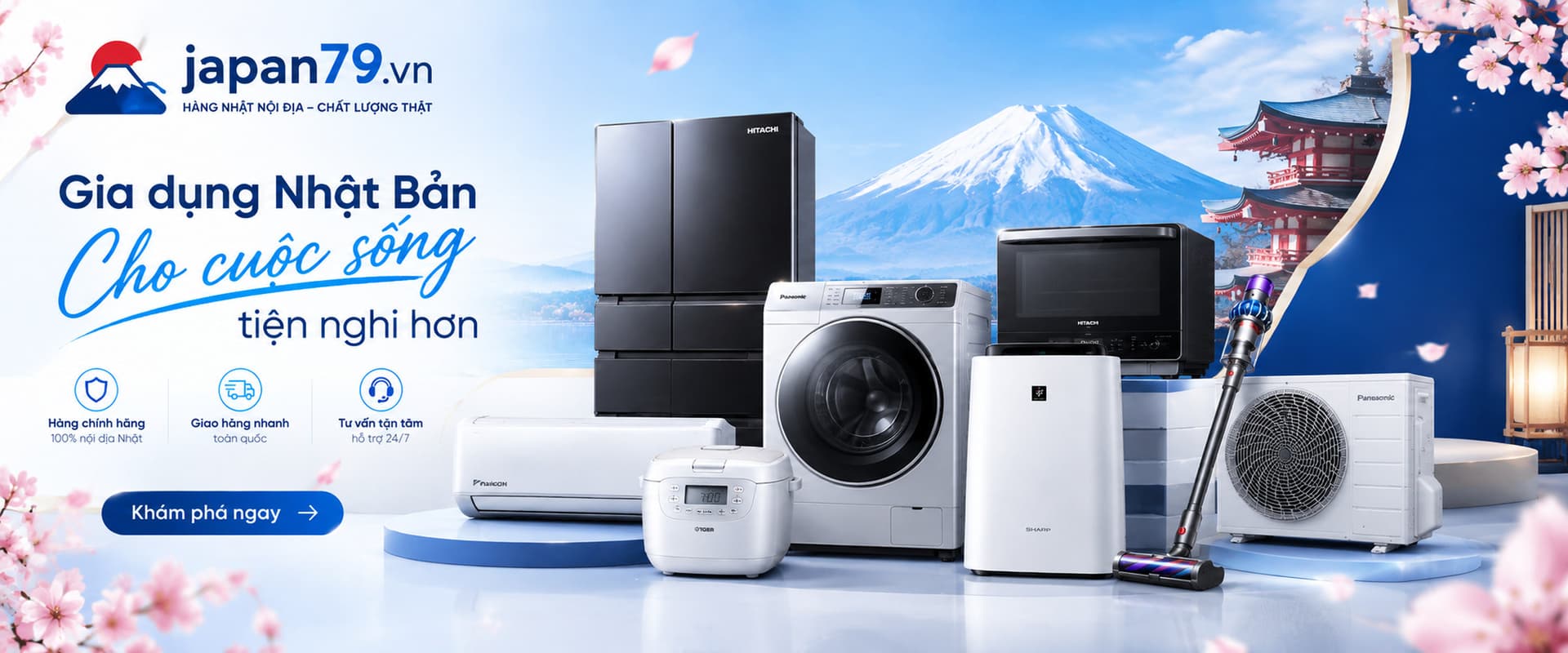 Gia dụng Nhật Bản cho cuộc sống tiện nghi hơn — tủ lạnh, máy giặt, lò vi sóng, máy lọc không khí, máy hút bụi cầm tay, nồi cơm điện và điều hoà nội địa Nhật; hàng chính hãng, giao toàn quốc, tư vấn 24/7