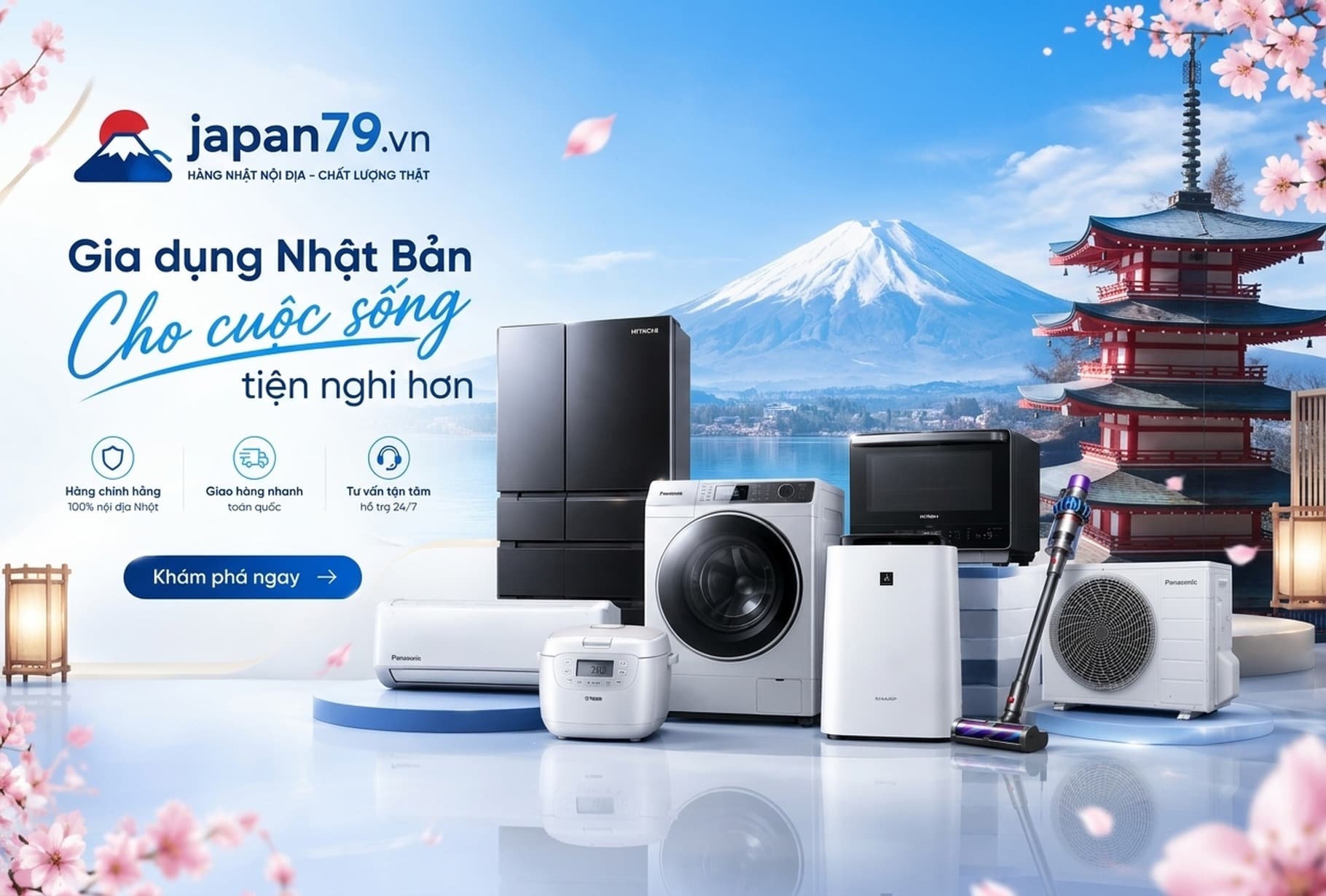 Gia dụng Nhật Bản cho cuộc sống tiện nghi hơn — tủ lạnh, máy giặt, lò vi sóng, máy lọc không khí, máy hút bụi cầm tay, nồi cơm điện và điều hoà nội địa Nhật; hàng chính hãng, giao toàn quốc, tư vấn 24/7