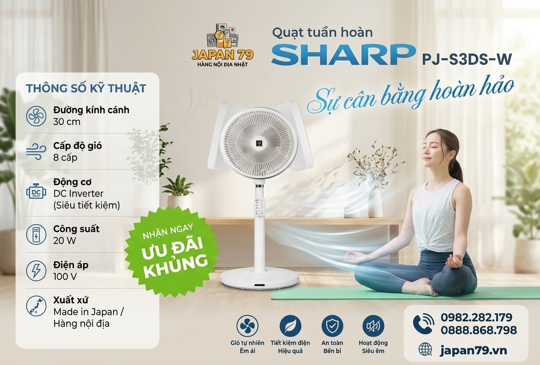 Quạt tuần hoàn Sharp PJ-S3DS-W hàng nội địa Nhật — 8 mức gió, động cơ DC Inverter, 20W